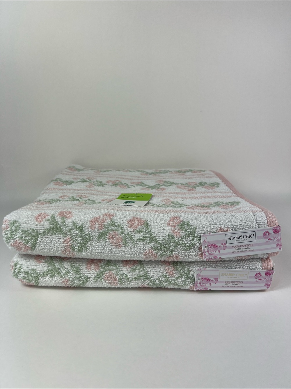 Shabby Chic Bath Towels Pink Green Tan Floral Roses Soft Cotton Set of 2 NEW